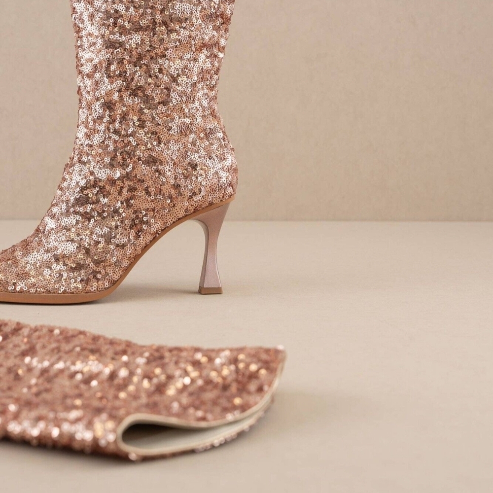 Knee-High Sequin Heeled Boots in Rose Gold - Picture 5 of 5